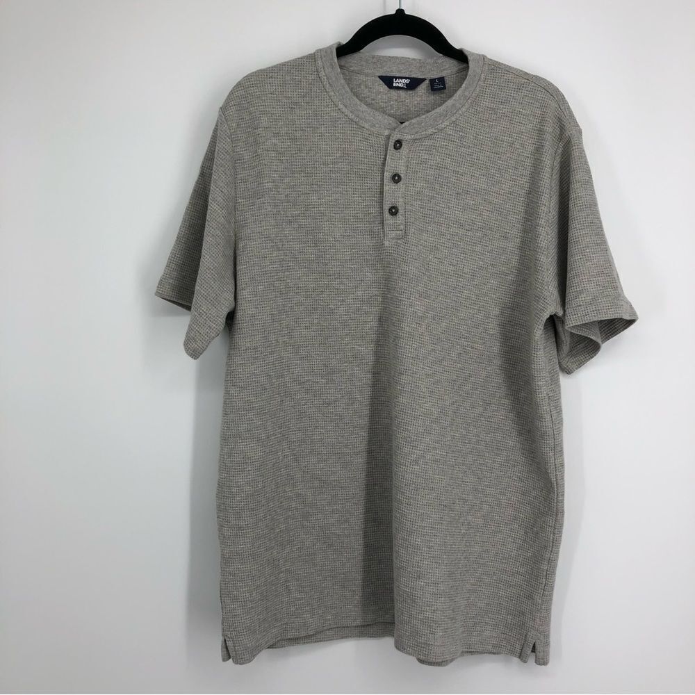 LANDS’ END Mens Waffle Short Sleeve Pajama Henley Gray Heather Large